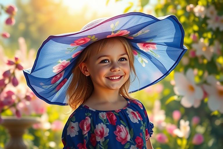 In a sun-drenched garden, a young girl is gracefully donning a large, elegant wide-brimmed hat that flutters gently in the soft breeze, the fabric a rich, deep cobalt blue adorned with vibrant floral patterns. This exquisite moment is captured in the signature style of Pino Daeni, showcasing his academic roots intertwined with the serene beauty of Australian tonalism. The scene, rendered in stunning 8k resolution, evokes a sense of whimsy and tranquility, as if one were walking through a peaceful museum filled with art.

The artwork is created using a gouache technique that emulates the fluid grace of watercolor, presenting a lush impressionist tableau where layered colors dance upon the canvas. Thick brush strokes—bold yet expressive—engage the viewer, inviting them to explore the intricate textures of impasto gouache that rise from the surface in a tactile display. Numerous hues intermingle; warm yellows and greens illuminate the background, while cool blues splash artistically across the canvas, lending a sense of calm.

Sunlight filters through the surrounding blossoms, their delicate petals captured with a masterful touch, as they sway gently with the rhythm of nature. Each brushstroke conveys not just color, but emotion—drawing the viewer into the scene where the girl, with a beaming smile, revels in her enchanting world, her hat casting a playful shadow across her beaming face. The overall atmosphere is a harmonious blend of joy and serenity, allowing the audience to momentarily escape into a vibrant oasis of creativity.