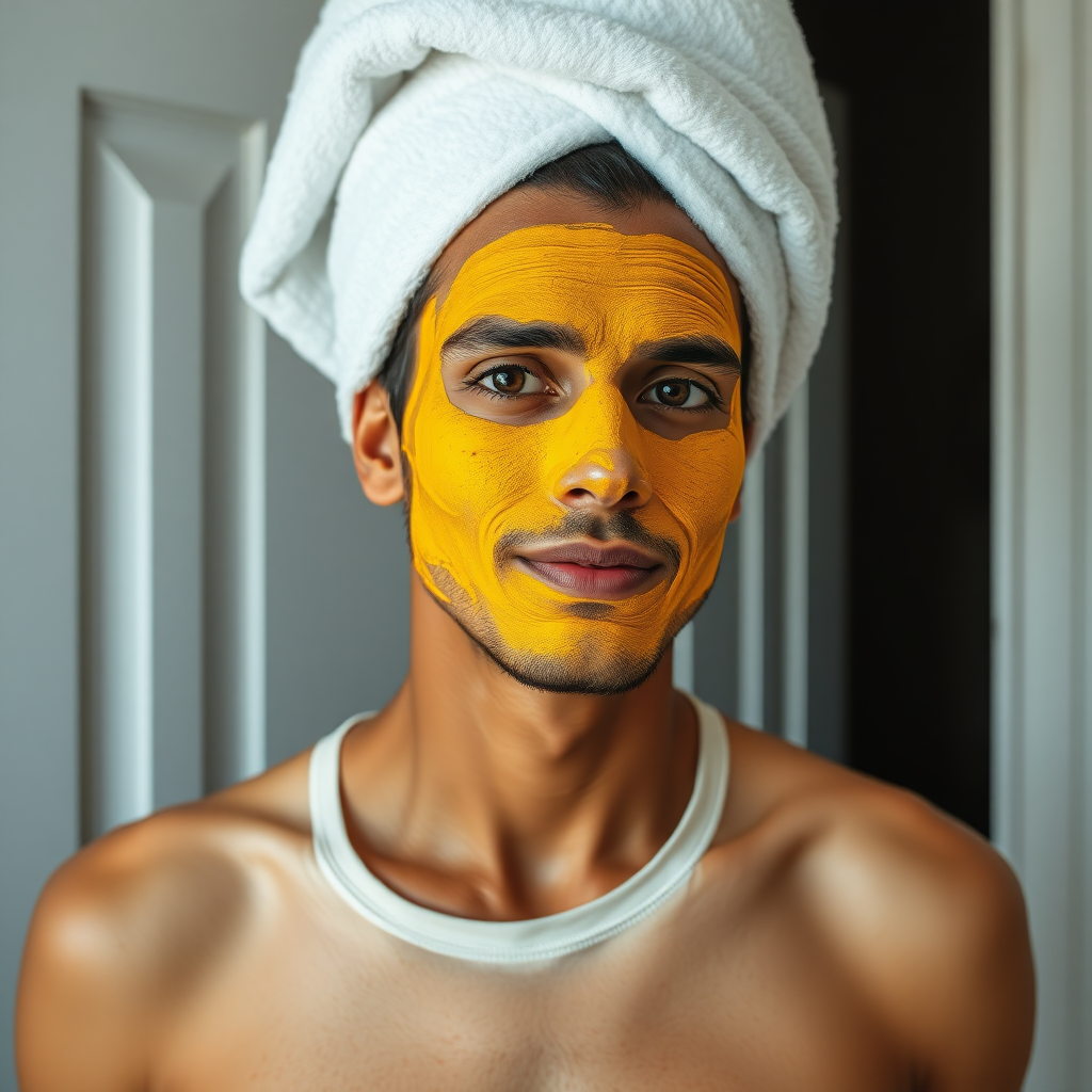 slim, 30 year old, indian wife, towel head, turmeric face mask, opening a door