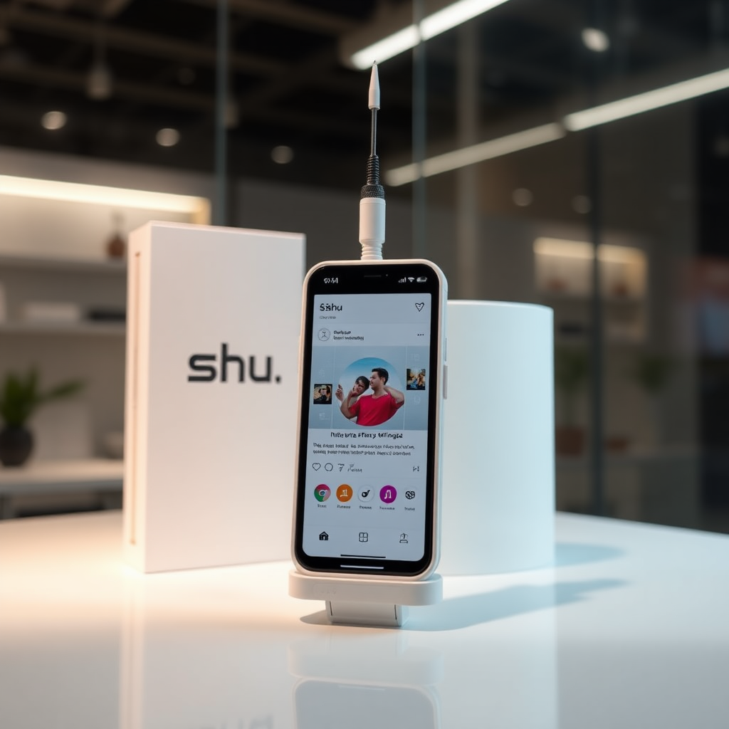 A close-up straight front view of a mobile phone in the shape inspired by a syringe, white pink futuristic, kept for sale leaning to a box with text Ashu and minimal design, in showroom, touchscreen phone with Instagram page open on screen, needle on top, whitepunk.