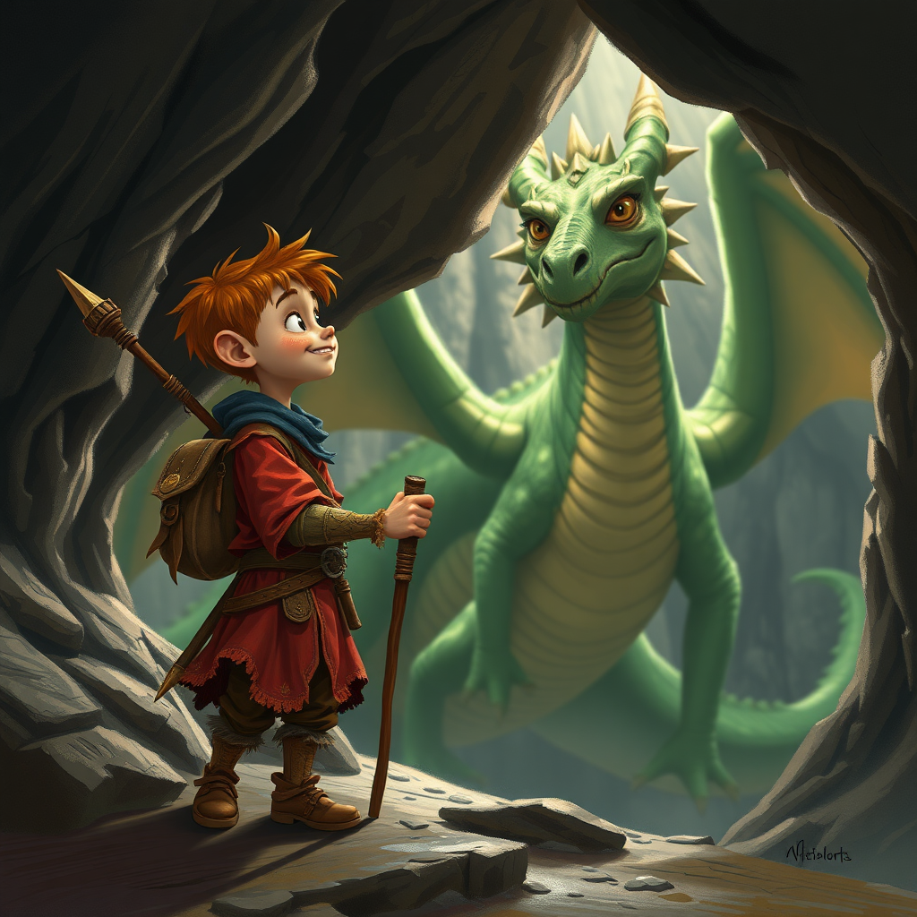 A realistic shot of a small, skinny, light brown, kobald in a tattered red tunic and dirty brown pants wearing a quaterstaff on his back who is excited to see a large green dragon in a cave