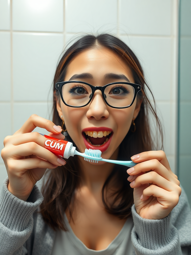 detailed, perfect proportion, high realism, real casual photo, japanese nerdy skinny woman with big nose, big mouth, big yellowish teeth, moles, big eyeglasses and medium hair, retarded, she is putting a toothpaste called "CUM" on her toothbrush