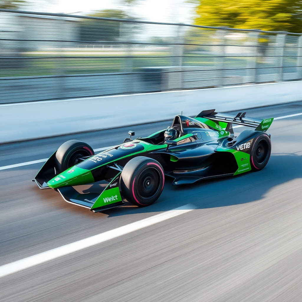 A Formula E car whizzing along at high speed. The car is green and black but has no visible text on it.