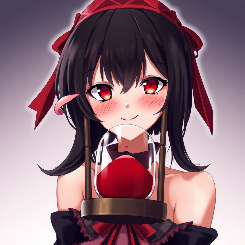 An anime girl with black hair and red eyes is wearing an hourglass. She has a smile like a villain.