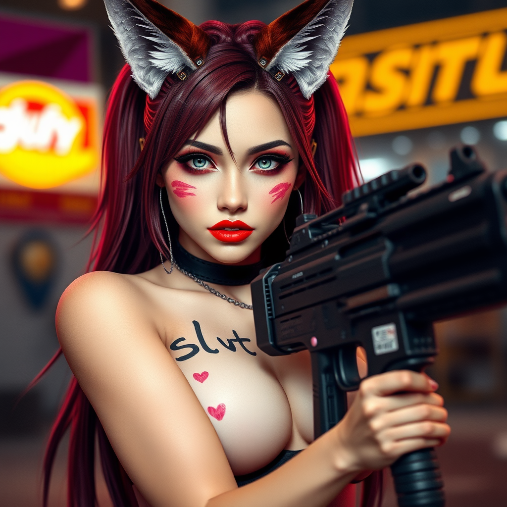 Real life photo of a cyberpunk waifu, she has “slut” written on her skin with lipstick. She is holding a big gun, she has fox ears.