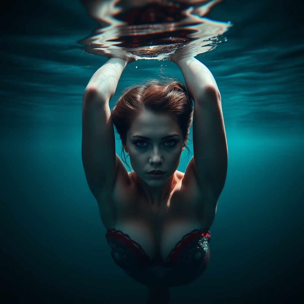 Mermaid floating underwater dark deep waters and dramatic lighting, crystal clear water her arms are up over her head stunning hd DSLR photography, she's facing the viewer looking down deeper into the water. intense and mysterious eye contact.