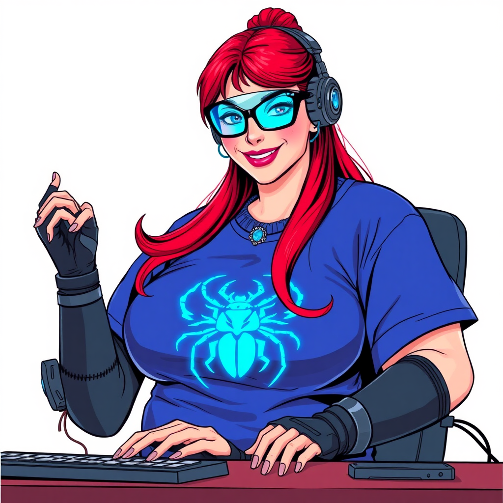 A cyberpunk vigilante’s full-figured intelligent and tech-savvy 29-year-old girlfriend, who is a computer hacker and tech genius. She has a long ruby red ponytail and bright blue eyes. She wears maximum blue lipstick, a sapphire beetle gemstone necklace, sapphire earrings, black eyeglasses, hi-tech metal arm armor, and an oversized maximum blue t-shirt featuring a neon blue glowing icon of a scarab beetle on its chest. She has a full-figured physique with a giant, round midsection, reflecting her well-cared-for lifestyle. She sports a sapphire headset with a hi-tech maximum turquoise lensed HUD, and a beaming smile with a passionate bright red blush. She serves as his tech expert from his hideout, diligently working at her lab table and computer desk. The background is solid white. She is drawn as if she was in a retro 2D cyberpunk fighting game.