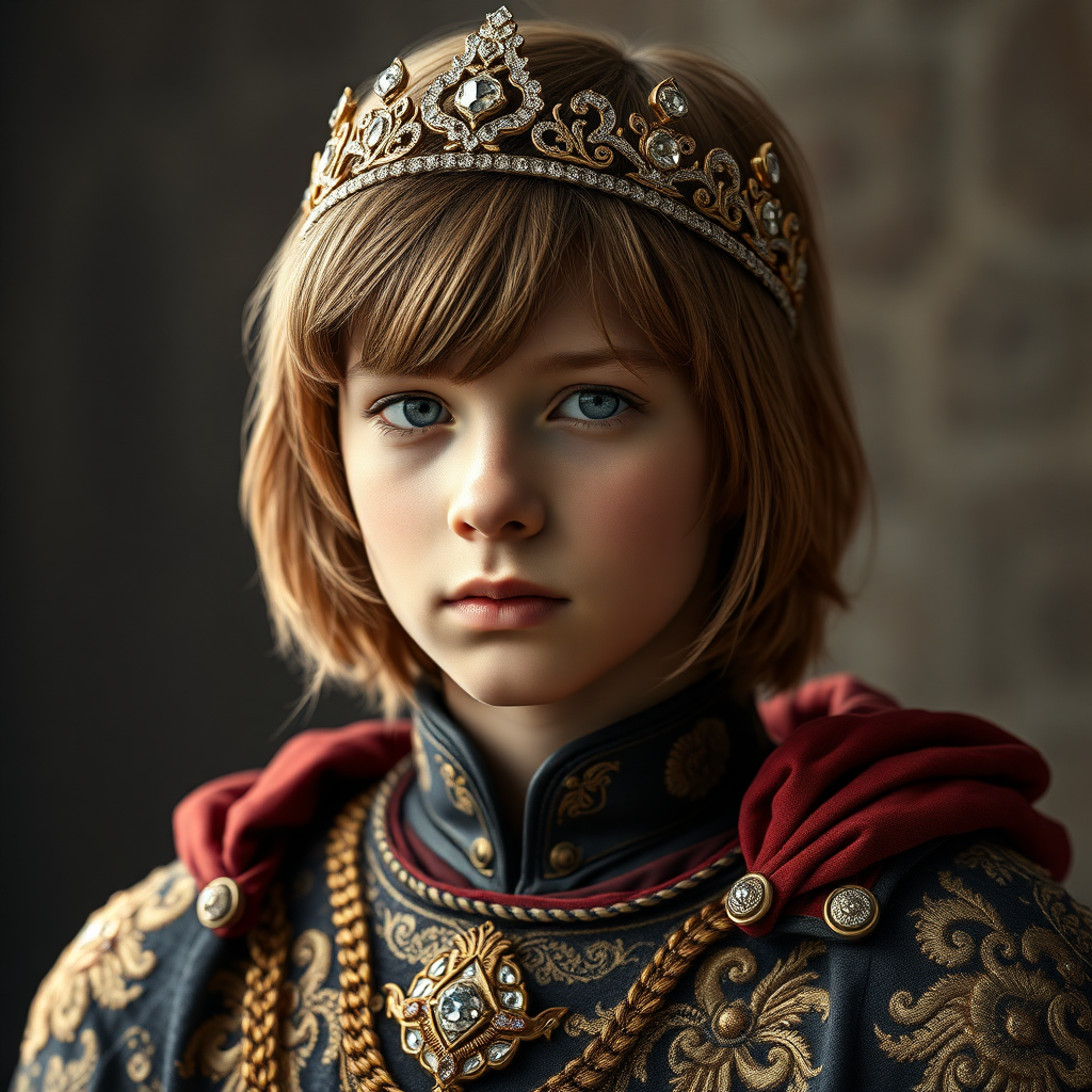 16yo teen boy prince, long bob cut, embroidered with gold and diamonds medieval cloths, diamond diadem, with automatic and Beautiful War. Free style by FLUX photorealistic, ultra high resolution, 16K,