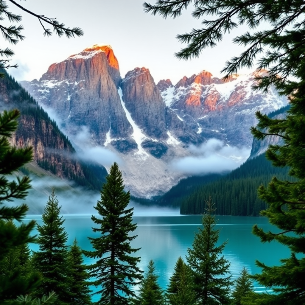 Majestic mountain landscape at dawn, featuring towering, rugged peaks capped with snow, reflecting warm hues of early sunlight against a cool, tranquil lake. The scene is framed by lush evergreen trees in the foreground, creating a sense of depth. The water is shimmering in shades of turquoise, mirroring the surrounding nature and adding a touch of serenity. Soft mist blankets the valley, enhancing the ethereal quality of the environment. Rich greens of the forest contrast with the deep blues of the lake and the warm oranges and browns of the rocky mountains. A hyperrealistic style emphasizes the intricate details of the foliage, rocky textures, and reflections in the water.