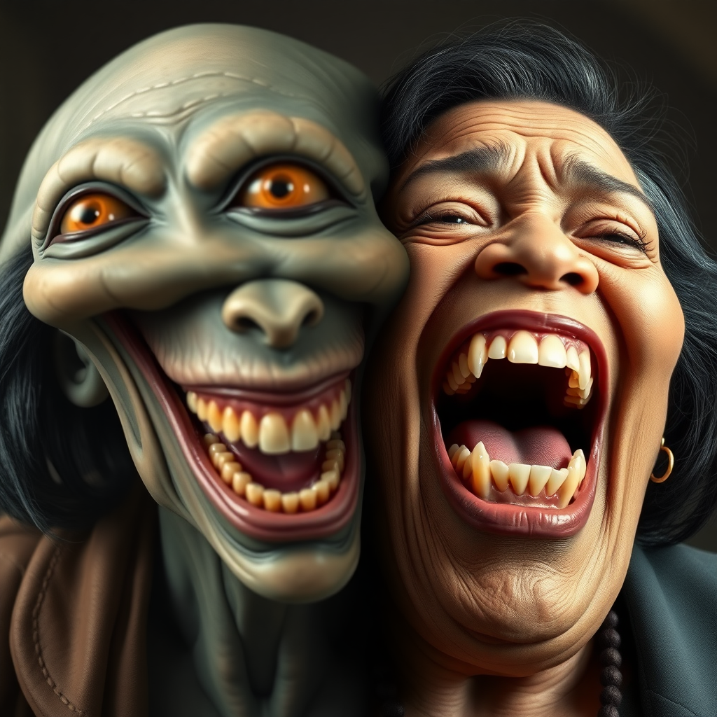 Kamala Harris lookalike old fat ugly female alien laughing with behemoth-size mouth, showing big rotten teeth,