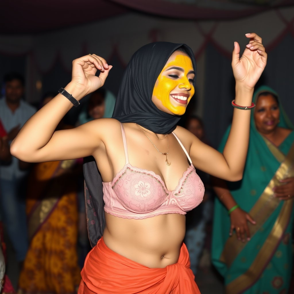 A skinny, traditional, 30-year-old Indian wife with a hijab, wearing a bra and skirt. Her face is covered with a turmeric face mask. She is dancing at a party.