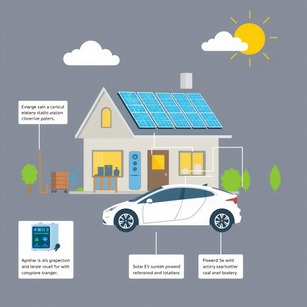 Diagram of a home that is powered using both solar and batteries with an EV and have each system labeled