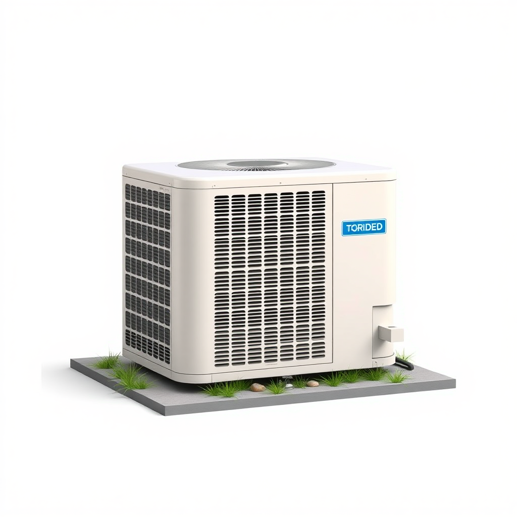 A simple, realistic image of a standard residential outdoor air conditioning unit or condenser. The unit should be placed on a flat surface, such as a concrete pad, and surrounded by some basic landscaping elements like grass, small shrubs, or rocks. The unit should be a neutral color like white, beige, or gray. The image should have a plain, uncluttered background to serve as a generic stock photo.