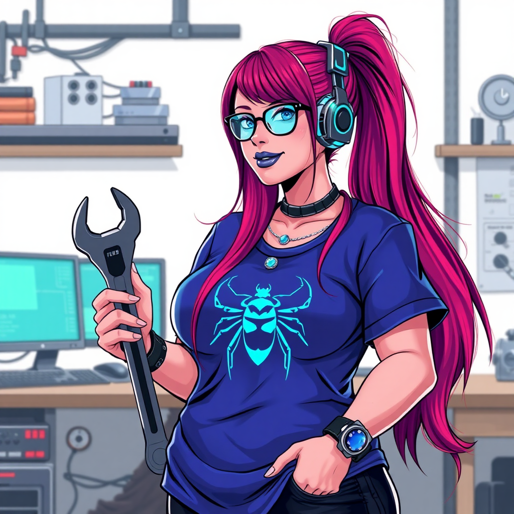 A cyberpunk vigilante’s full-figured intelligent and tech-savvy 29-year-old girlfriend, who is a computer hacker and tech genius. She has a long ruby red ponytail streaked with sky blue. She wears maximum blue lipstick, blue eyes, a sapphire beetle gemstone necklace, sapphire earrings, black eyeglasses, a futuristic holographic wristwatch computer, and an oversized maximum blue t-shirt featuring a neon blue beetle chest emblem. She has a full-figured, well-rounded physique with a prominent, round midsection, reflecting her well-cared-for lifestyle. Her round midsection is broadened and bloated to emphasize her figure. She sports a sapphire headset with a high-tech maximum turquoise lensed HUD, and a shy smile with a neon red blush. She is holding a futuristic hi-tech wrench while standing in her workshop in front of her computer desk and work bench. The background is solid white. She is drawn as if she was in a retro 2D cyberpunk fighting game.