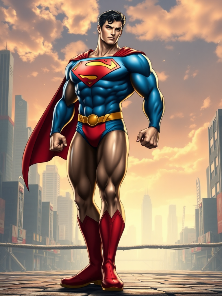 Generate a full-length character image of Superman, with the distinct body features of Street Fighter's R. Mika. Retain Superman's iconic costume but embellish it with elements from R. Mika's outfit. Superman should have the same muscular and curvaceous physique as R. Mika, including her strong legs, broad shoulders, and toned waist. His facial features should remain intact, excluding R. Mika's hair. For the background, create an amalgamation of Metropolis and a Street Fighter battleground to reflect their respective settings. Ensure the character's body traits are highlighted perfectly.