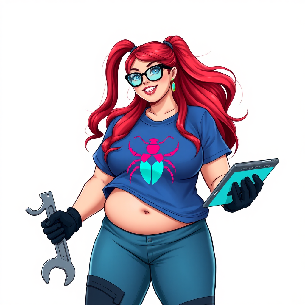 A 28-year-old, full-figured computer hacker and tech wiz girlfriend of a cyberpunk vigilante. Her long ponytail of ruby red hair, and striking, bright blue eyes make her stand out. Her prominent, round, wrecking ball-sized midsection, sequoia-sized limbs, and broad shoulders define her full figure, which has been heavily pampered by her doting boyfriend. Her nerdiness is blatantly obvious, and she serves as her boyfriend’s tech expert.

As the loyal and supportive sidekick, she plays a crucial role in their missions, using her digital and technological prowess to assist and protect. She wears an oversized maximum blue t-shirt adorned with a maximum turquoise beetle chest icon, black oversized eyeglasses, matching maximum blue biker pants, and black high-tech gloves. She beams with a neon red blush, holding a futuristic wrench and a digital holographic tablet. She is on a solid white background. She is drawn as if she was in a retro 2D cyberpunk fighting game.