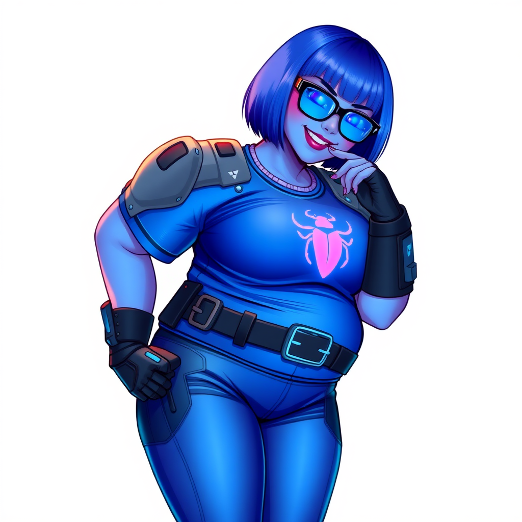 A 28-year-old, full-figured, metallic maximum blue (5PB 5/10) skinned computer program hybrid with a maximum blue bob cut. She has a non-athletic build, highlighted by a prominent, round, large midsection (with emphasis on her round large belly), which shows the effects of her new love of junk food acquired from her boyfriend. As the full-figured, nerdy, digital sidekick to her cyberpunk vigilante boyfriend, her metallic maximum blue skin and maximum blue lipstick (5PB 5/12) emphasize her digital nature. Her skin has a subtle, animated glow, with digital patterns occasionally flickering across it, making her digital nature obvious. She wears a digital, computerized costume, consisting of a massive, tight-fitting, maximum blue t-shirt (5PB 5/12) made out of advanced nanotech with a neon blue glowing chest icon of a beetle, hi-tech shoulder pads with neon blue accents, a black hi-tech belt with a digital neon blue glowing buckle, digital maximum blue biker pants (5PB 5/12) with neon blue accents, and black hi-tech fingerless biker gloves with neon blue glowing accents. Her neon blue glowing eyes, black eyeglasses with neon blue glowing lenses equipped with a built-in HUD, and bashful smile with neon red blush accentuate her nerdiness. She stands bashfully with one hand behind her back and the other hand gently touching her cheek, her costume covering all her skin and emphasizing her full figure (especially her round large belly). She is clearly non-athletic, with a focus on her full-figured physique. Despite her build, she radiates beauty. She has a slim face compared to her physique, accentuating her radiant beauty. She is on a solid white background. She is drawn as if she were in a retro 2D cyberpunk fighting game.