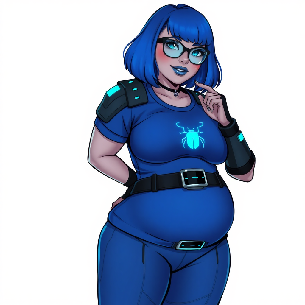 A 28-year-old, full-figured, metallic middle gray skinned, computer program hybrid with a maximum blue bob cut. She has a non-athletic, full-figured build, highlighted by a prominent, round, large midsection (with heavy emphasis on her large belly). As the full-figured, nerdy, digital sidekick to her cyberpunk vigilante boyfriend, her metallic middle gray skin and maximum blue lipstick emphasize her digital nature. She wears a digital, computerized costume inspired by DC’s Carrie Kelly Robin, consisting of a huge, tight-fitting, maximum blue t-shirt with a neon blue glowing chest icon of a beetle, hi-tech shoulder pads with neon blue accents, a black hi-tech belt with a digital neon blue glowing buckle, digital maximum blue pants with neon blue accents, and black hi-tech fingerless biker gloves with neon blue glowing accents. Her bright blue eyes, black eyeglasses with glowing neon blue lenses with a built-in HUD, and shy smile with neon red blush accentuate her nerdiness. She stands bashfully with one hand behind her back and the other hand gently touching her cheek, her costume covering all her skin and emphasizing her full-figured physique (especially her belly). She is clearly non-athletic, with a heavy focus on her large belly. Despite her build, she radiates beauty. She has a slim face compared to her physique, accentuating her radiant beauty. She is on a solid white background. She is drawn as if she were in a retro 2D cyberpunk fighting game.