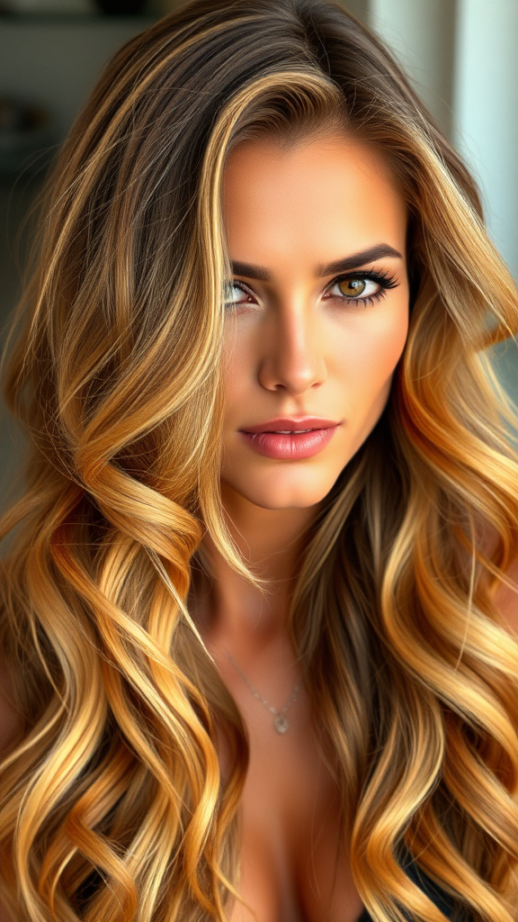 Alessandra Ambrosio with wavy hair in blonde color with orange highlights, in high definition.