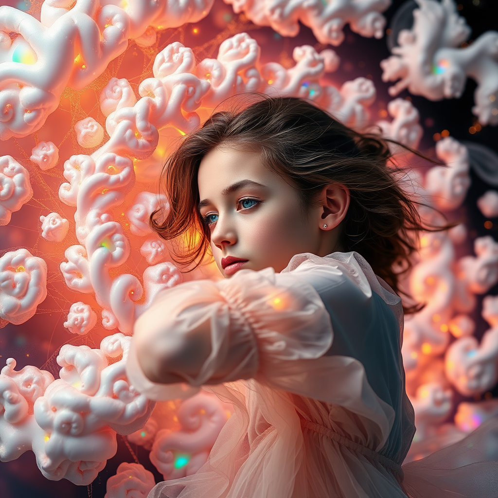 preteen girl in dynamic pose, abstract, mandelbulb fractal, ultra-detailed, dynamic composition, artistic photograph, fractal, brilliant colors, glittering, transparency, translucent, opal, gold, romanticism, sharp focus, floral, mother of pearl, iridescent, clouds, natural, glowing