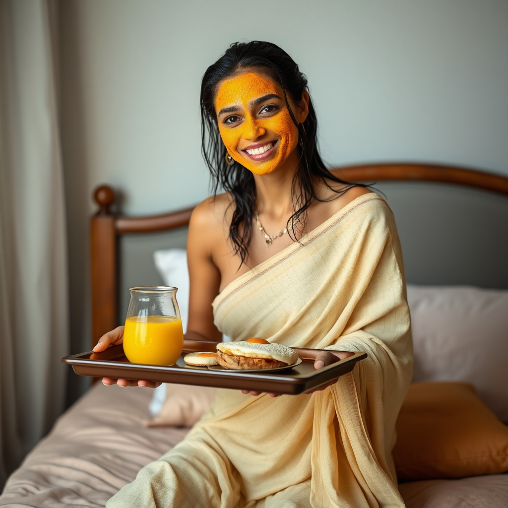 slim, 30 year old, sexy, indian wife, wet hair, face veil, turmeric face mask. She is smiling and serving breakfast on a tray on bedside table