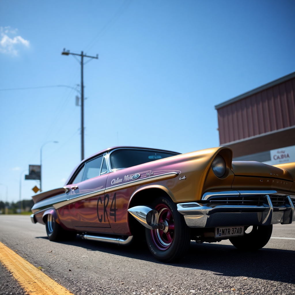 the drag car is parked on the side of the road, inspired by Taiyō Matsumoto, tumblr, restomod, nd4, c4 metallic shine classic american low rider custom paint ford