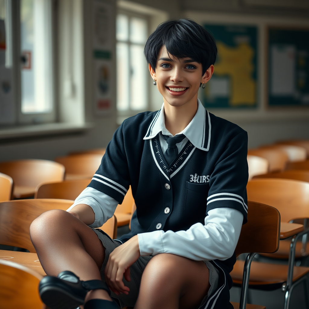 photorealistic, ultra high resolution, 16K, surreal fantasy, soft studio lighting, a pretty 17 year old goth male, slim male physique, short dark hair, blue eyes, goth makeup, earrings, sheer pantyhose, UK girls-school uniform, Mary-Jane shoes, sitting in the classroom, excited smile, facing the camera.