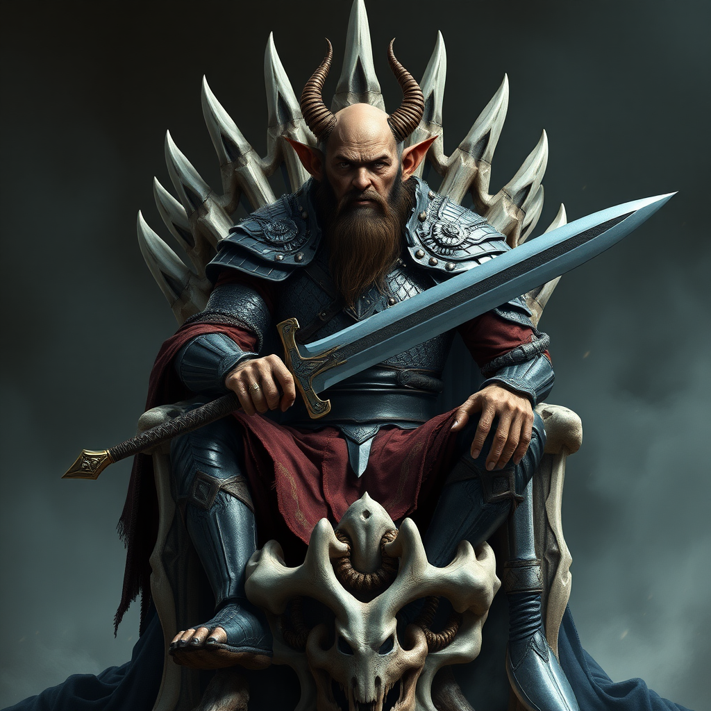 Fantasy style, Hobgoblin warrior, around 30 years charismatic, wearing chainmail and a broadsword, one blade only he is sitting on a bone throne, photorealistic