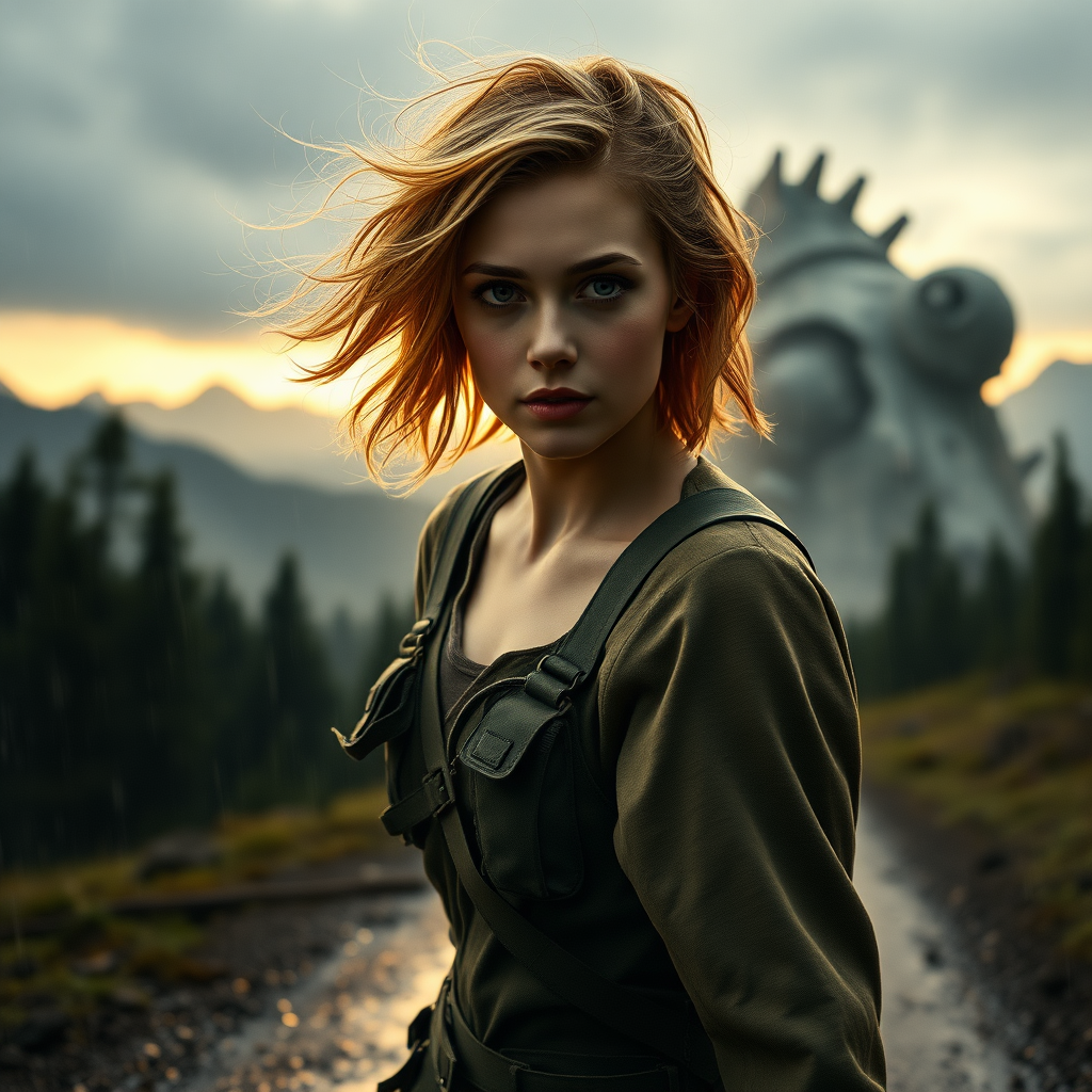 A full body shot of a pretty twenty-something female with a face resembling (Ana de Armas), walking towards the camera unsteadily. Strawberry blonde messy shoulder-length hair tussled by wind. Military outfit. It is dawn. There is a giant crashed spaceship out of focus in the background. Forest and mountains, rain. Hyper-realistic, photorealistic digital matte painting, soft focus, film grain, lens flare. Gritty, dirty, scuffed.