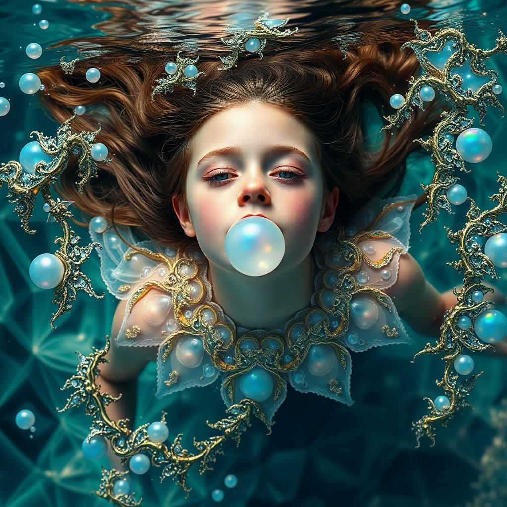 preteen girl swimming, abstract, mandelbulb fractal, sacred geometry, ultra-detailed, dynamic composition, artistic photograph, fractal, brilliant colors, glittering, transparency, translucent, opal, gold, romanticism, sharp focus, floral, mother of pearl, iridescent, jewelry