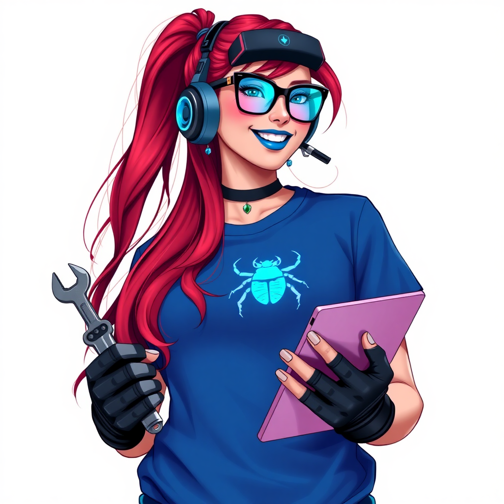 An intelligent and tech-savvy 29-year-old computer hacker and tech genius. She has a long ruby red ponytail. She wears maximum blue lipstick, blue eyes, a sapphire beetle gemstone necklace, sapphire earrings, black eyeglasses, hi-tech power gloves, and an oversized maximum blue t-shirt featuring a neon blue glowing beetle chest icon. She has a gargantuan full-figured physique with a round gargantuan midsection, reflecting her well-cared-for lifestyle. She sports a sapphire headset with a hi-tech maximum turquoise lensed HUD, and a beaming smile accentuated by a passionate neon red blush. She serves as his tech expert from his hideout, holding a futuristic tool wrench and a futuristic digital tablet. The background is solid white. She is drawn as if she was in a retro 2D cyberpunk fighting game.