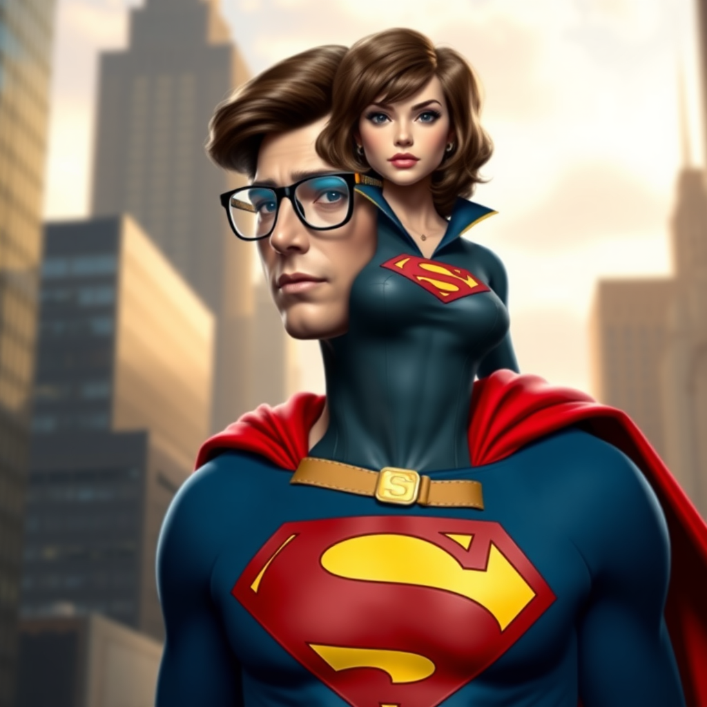 Create a full-length photorealistic image of a composite character featuring Velma Dinkley on a male body type similar to Superman's. Maintain Velma's head, including her hairstyle and facial features. Adapt her signature costume to fit the new body type. Design a background that draws inspiration from both Velma's investigative setting and Superman's iconic cityscape. Aim for seamless integration, capturing the essence of both characters in one dynamic image.