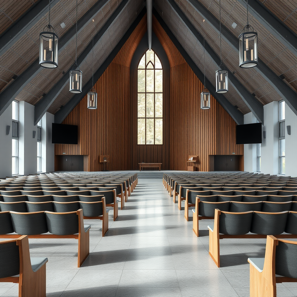 modern church with grey benches