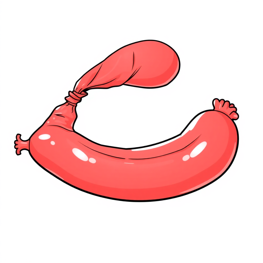 a red sausage, tense fabric, massive protruding bulge on one side of the balloon, side view, 2D, caricature, cartoon, Sketch lines, coloring book, coloring book style on white background, well composed, clean coloring book page, No dither, no gradient, strong outline, No fill, No solids, vector illustration, realistic proportions