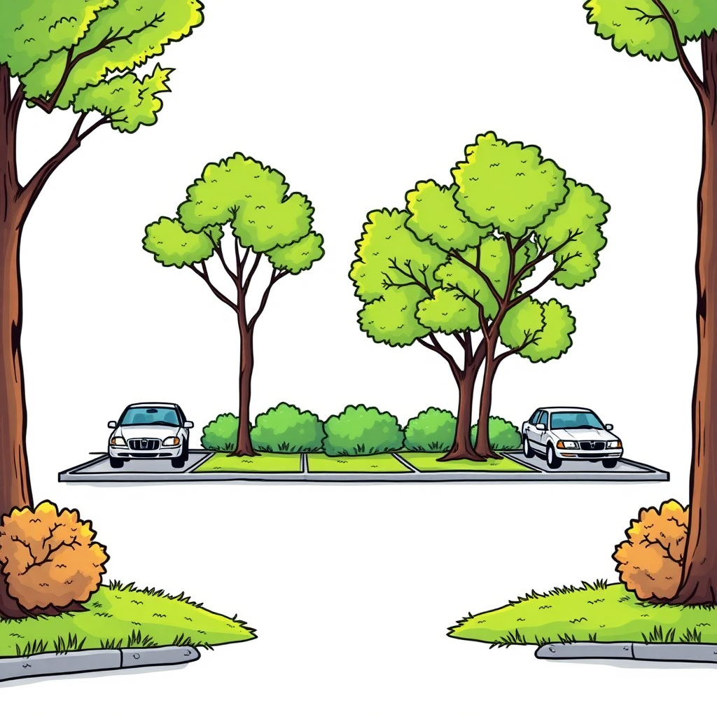 a small 5-space parking lot between borders, trees, lawn, colorful image long establishing shot, 2D, caricature, cartoon, Sketch lines, coloring book, coloring book style on white background, well composed, clean coloring book page, No dither, no gradient, strong outline, No fill, No solids, vector illustration, realistic proportions, left side view