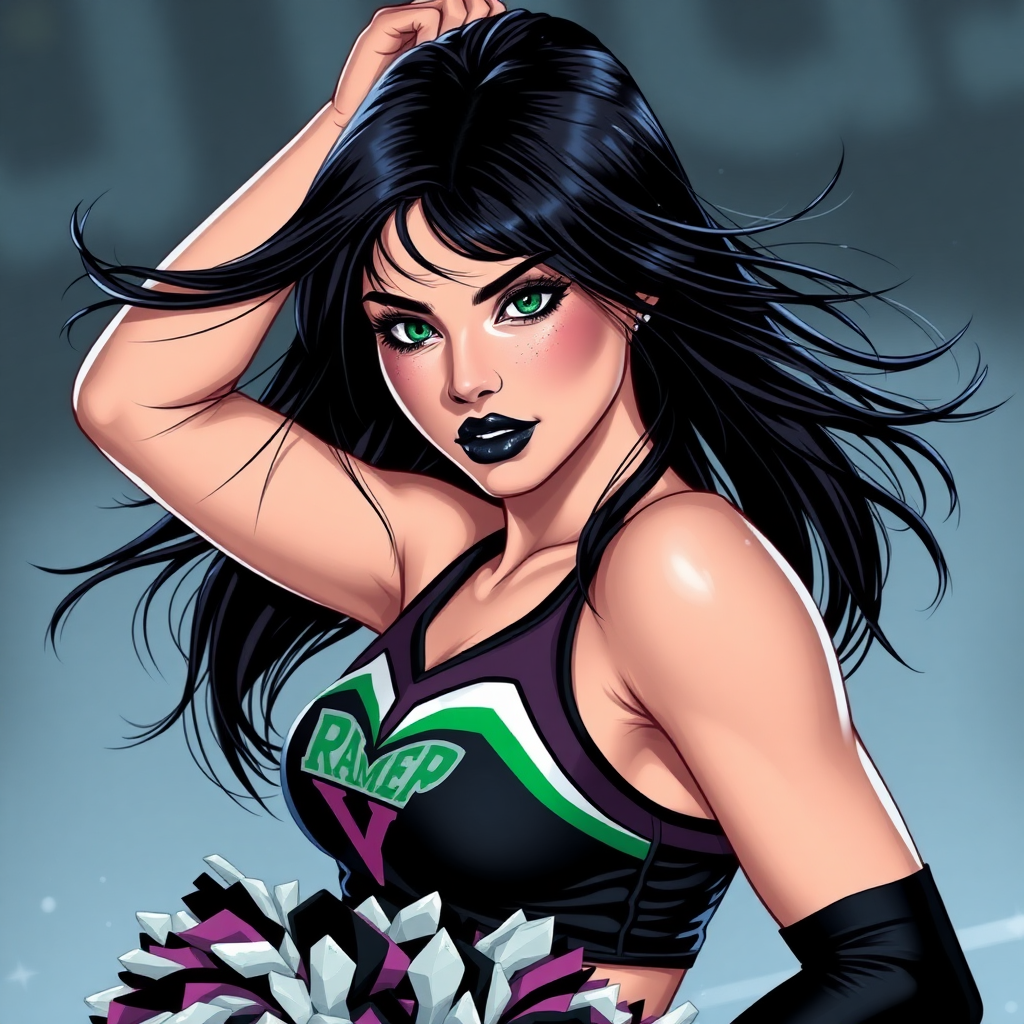 Juliet Starling is an athletic goth and cheerleader of Santa Romero High. She has a very confident and seductive expression while posing for her team. Her black hair flows in the midwinter wind. Her green eyes shine like emeralds. Her black lips are alluring. She is sweating.