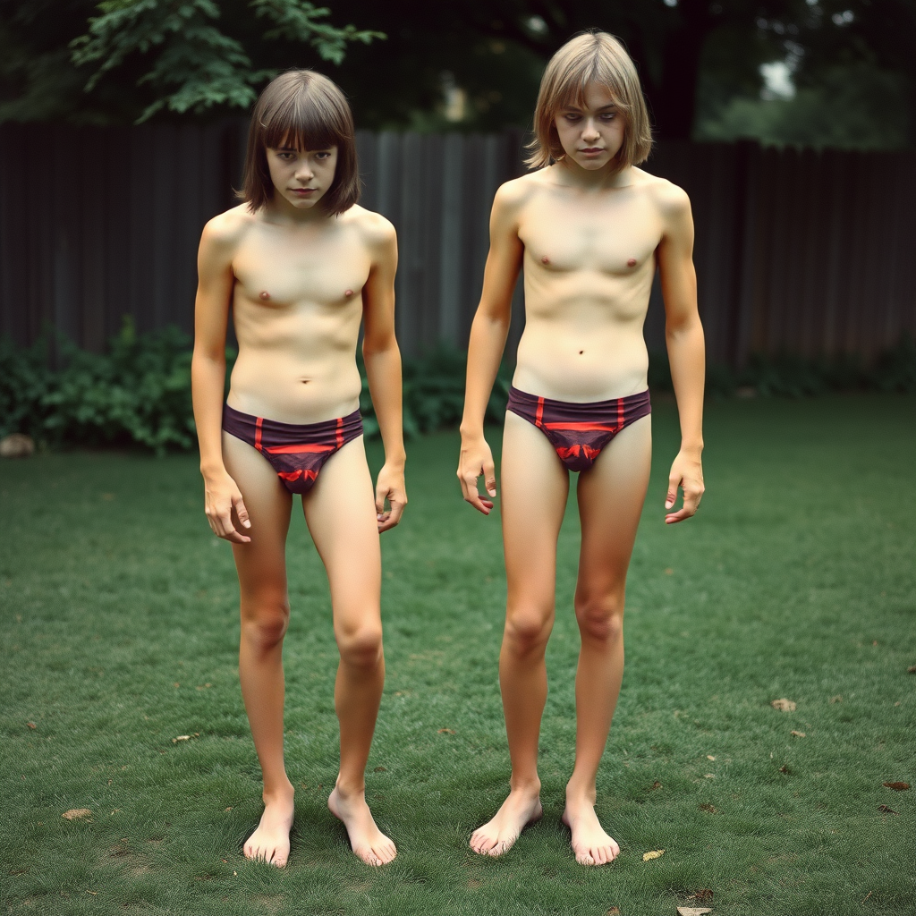 two tall 14yo teen boys, long hair bob cut, wearing very tight briefs, long legs, narrow thighs, full-length front view. 1970s. playing at backyard. photorealistic, ultra high resolution, 16K, Negative: grainy, blurry, bad anatomy, extra limbs, watermark.