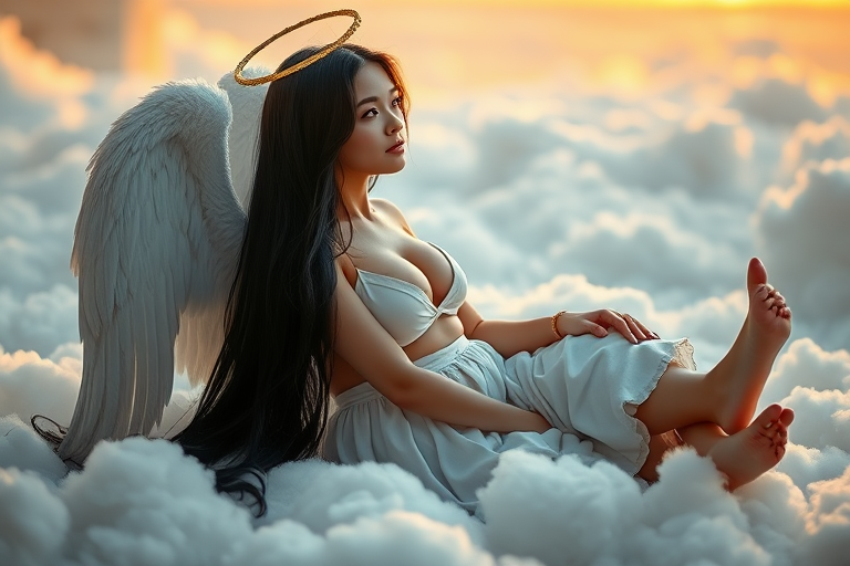 In a breathtakingly photorealistic image, an ultra-hot European woman, age 23, sits languidly on a floor composed of fluffy clouds, her long black hair cascading down her back like a waterfall of night. Her beautiful breasts strain against the confines of her white tunic, creating an epic cleavage that seems to radiate heat. The dirty angel wings and halo surrounding her head add a touch of heavenly mischief. Early morning light filters in, casting a warm glow on the scene as she sits with her right knee up, her languid pose exuding boredom. Her empty amber eyes seem to hold a thousand thoughts, yet remain fixed on some distant point, lost in thought. The air is heavy with an almost palpable sense of relaxation, as if even time itself has slowed down to match her sluggish pace.