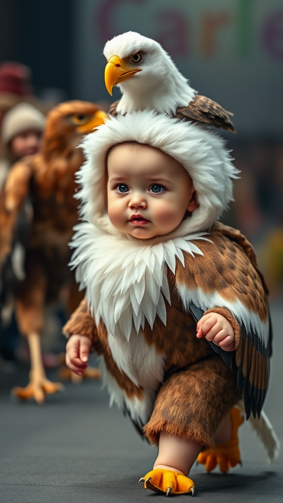 A cute small chubby fair baby with big eyes, pink lips, and pink cheeks is wearing a furry cozy eagle costume, doing a ramp walk in a fashion show, walking alongside a real eagle, with a cinematic eagle sitting on the baby's head.