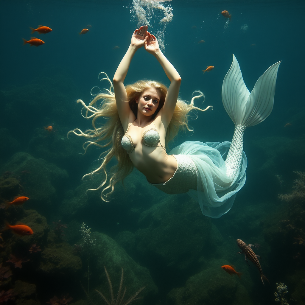 Aphrodite as a mermaid she's floating underwater surrounded by sea creatures and plant life. Her graceful arms float above her head. In the photographic style of Richard Fegley on DSLR