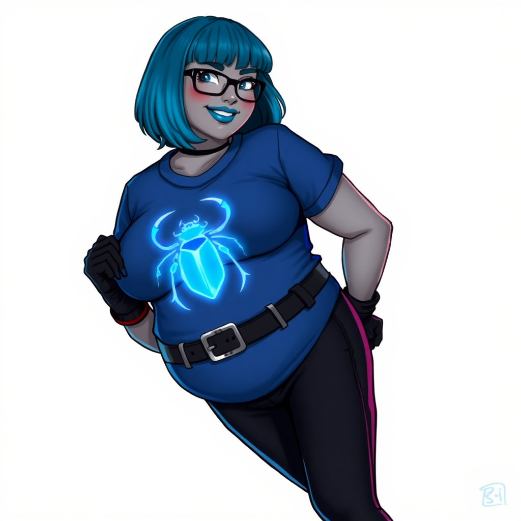 A 28-year-old, full-figured, metallic middle gray skinned computer program hybrid with a maximum blue bob cut. She has a non-athletic build, highlighted by a prominent, round midsection (with a focus on her belly). As a digital sidekick, computer hacker, and nerdy girlfriend to her cyberpunk vigilante boyfriend, her middle gray metallic skin and maximum blue lipstick emphasize her digital nature. She wears a tight-fitting, maximum blue t-shirt (accentuating her belly) with a neon blue glowing chest icon of a beetle, black pants, a black belt with a sapphire scarab buckle, and black gloves. Her bright blue eyes, black eyeglasses, and lovestruck smile with neon red blush accentuate her nerdiness. She stands bashfully with her hands behind her back, her t-shirt covering her midsection (especially her belly) and emphasizing her full-figured, non-athletic physique. She is on a solid white background. She is drawn as if she was in a retro 2D cyberpunk fighting game. She is clearly non-athletic, with a focus on her full figure. Ensure her t-shirt covers her midsection (especially her belly).