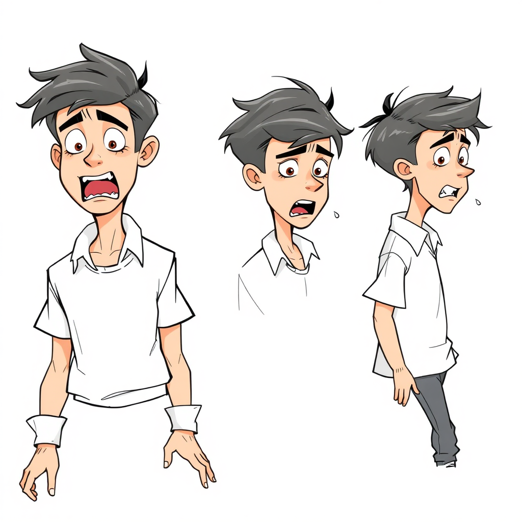 multiple views with progression, character design sheet, short, excited, scheming, sweating, 15 year old european boy, drooling, detailed features, long establishing shot, 2D, caricature, cartoon, Sketch lines, coloring book, coloring book style on white background, well composed, clean coloring book page, No dither, no gradient, strong outline, No fill, No solids, vector illustration, side view, vector illustration, empty space around each view, movement lines