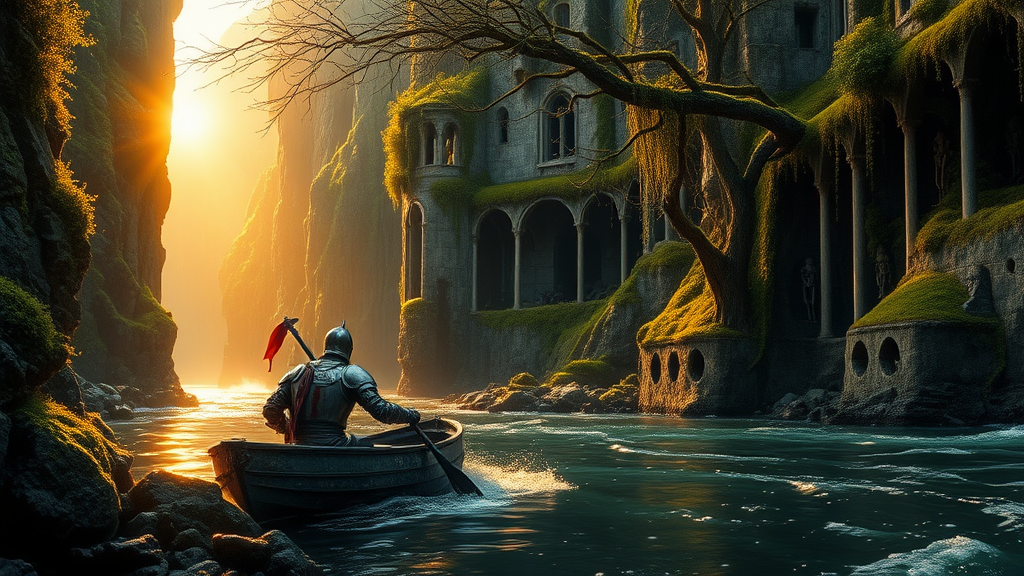 Imagine a composition reminiscent of the cinematic masterpieces of Peter Jackson's 'Lord of the Rings'. A wounded knight, his armor dented and adorned with bloodstains, weathers the storm in a small, water-logged boat. Sunlight, cascading through a gap in the towering cliffs, paints the river in a warm, golden glow. The cliffs are a testament to the passage of time, their surfaces riddled with crumbling ruins, overgrown with thick vegetation and moss. Vines weave intricate patterns, connecting the cliffs with mossy rock bridges, while branches adorned with crumbling armor and skeletal remains sway gently in the wind. The river, a ribbon of silver snaking through the dramatic landscape, eventually leads to the vast expanse of the ocean, partially unveiled by the majestic cliffs.