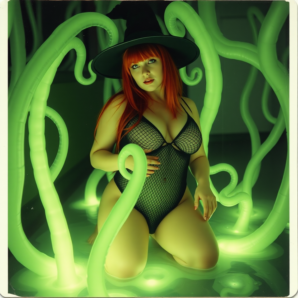 An old polaroid photo with a color tint to the photograph and visible light leaks. The photo depicts a sexy alt goth girl with pale skin and red hair. She has a plump booty. She has large breasts with ample cleavage and is wearing a black fishnet bodysuit. She is wearing a witch hat. She is surrounded by glowing translucent green tentacles coming out of magic bright glowing pools of water on the floor, wrapped around her arms and legs. She is straddling a green tentacle between her legs.