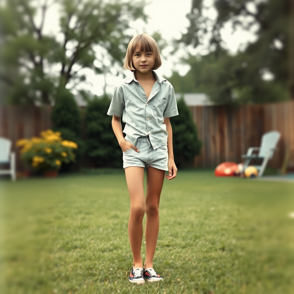 tall 14yo teen boy, long hair bob cut, wearing shirt and very tight booty shorts, long legs, narrow thighs, full-length front view. 1970s. Playing at backyard. photorealistic, ultra high resolution, 16K, Negative: grainy, blurry, bad anatomy, extra limbs, watermark.