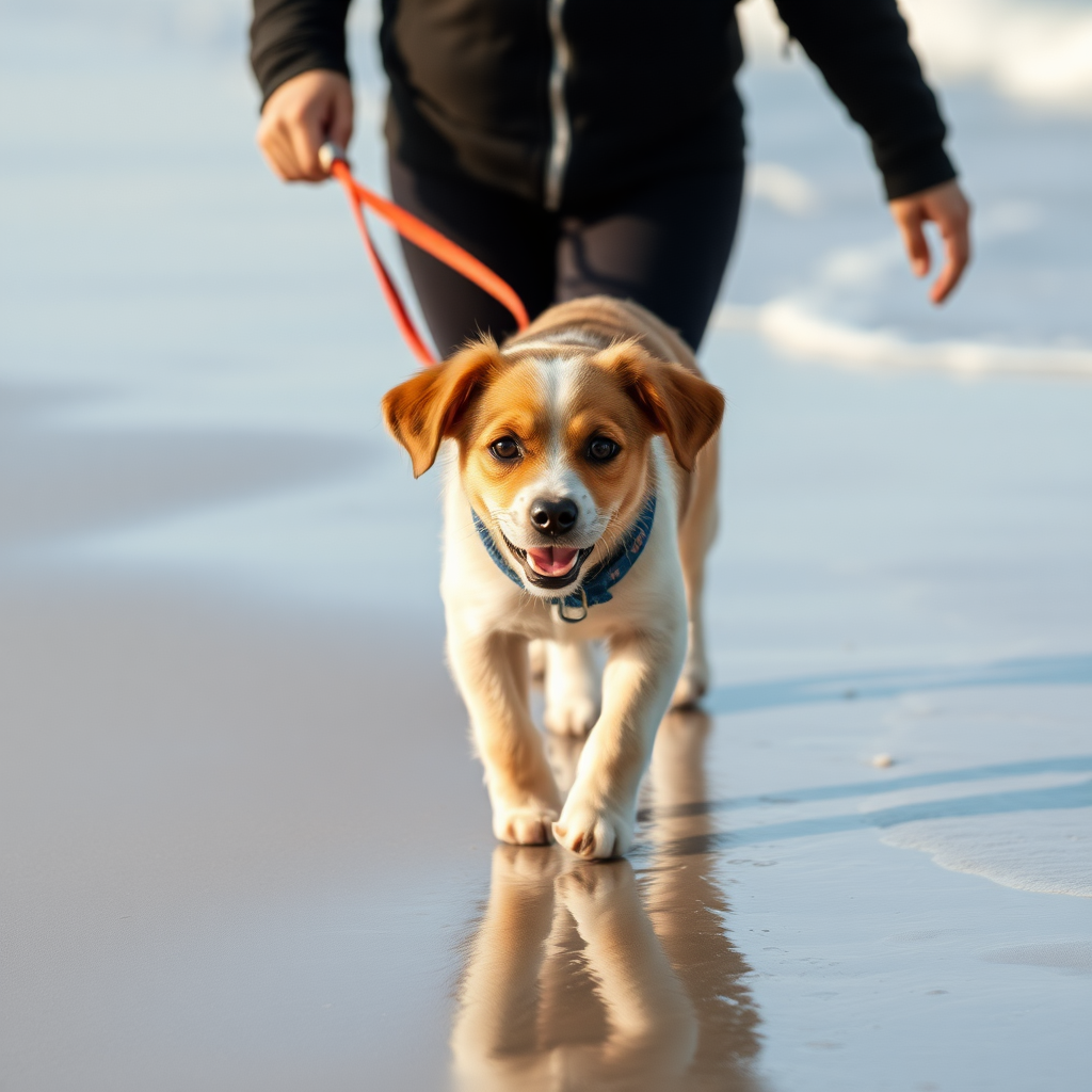 The puppy strolls on the beach.