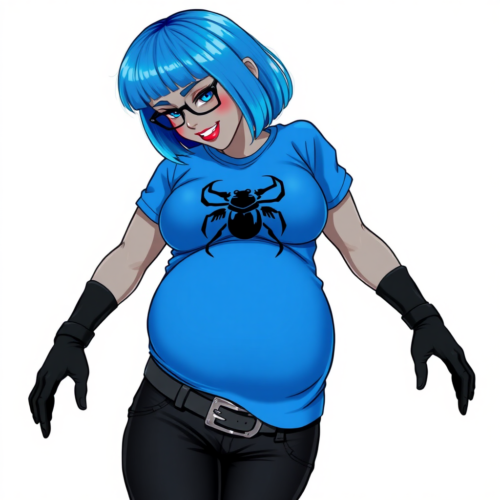 A 28-year-old, full-figured, metallic middle gray skinned computer program hybrid with a short maximum blue bob cut. She has a non-athletic build, highlighted by a prominent, round midsection (with a focus on her round belly). As a digital sidekick to her cyberpunk vigilante boyfriend, her middle gray metallic skin and maximum blue lipstick emphasize her digital nature. She wears a large, tight-fitting, maximum blue t-shirt (accentuating her belly) with a black chest icon of a beetle on its chest, black pants, a black belt with a sapphire scarab buckle, and black gloves. Her bright blue eyes, black eyeglasses, and shy smile with neon red blush accentuate her nerdiness. She bashfully bows her head with her hands behind her back, her t-shirt covers her midsection (especially her belly) and emphasizing her full-figured, non-athletic physique. She is on a solid white background. She is drawn as if she was in a retro 2D cyberpunk fighting game. She is clearly non-athletic, with a focus on her full figure. Make sure her t-shirt covers all of her bare skin (especially her belly).