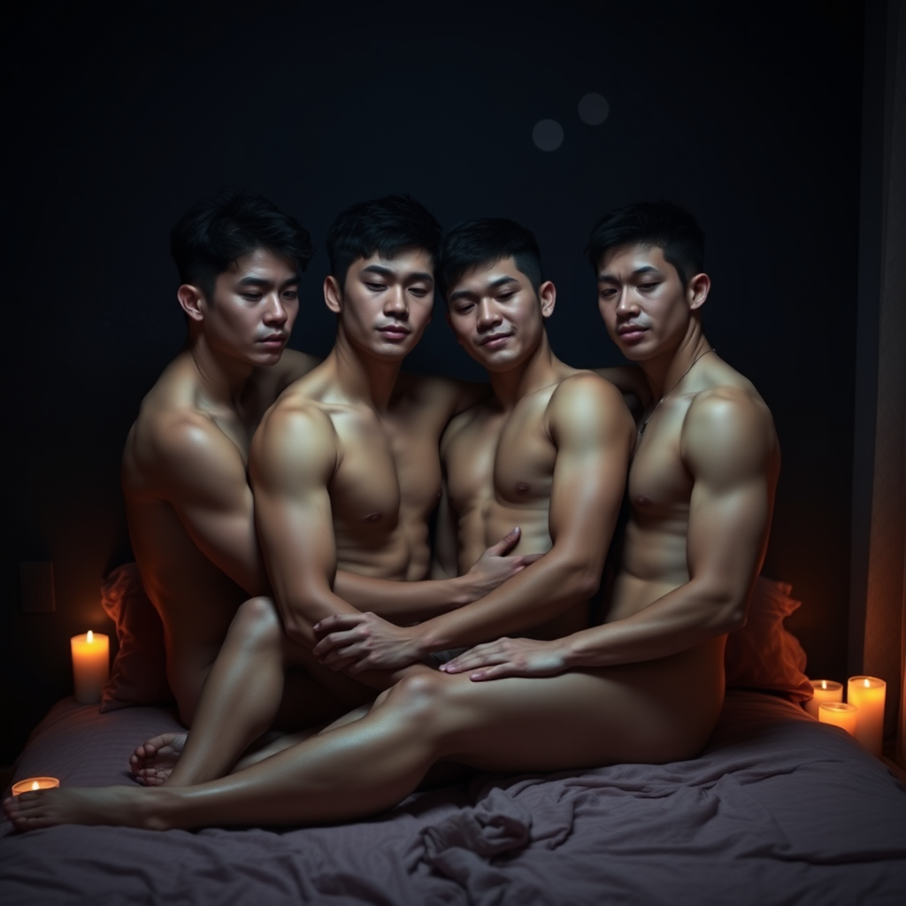 six lean fit muscular asian males, short hairs, fair skins, good looking figures, cuddling on bed no cloths, inside dark room, low light, candles around the room. real photo, high detail, high quality