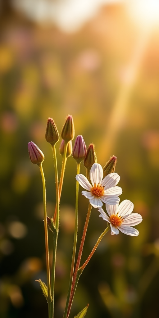 Create an image that looks realistic, featuring beautiful wildflowers in bloom. Five buds are naturally arranged side by side, and the background is out of focus with sunlight shining naturally.