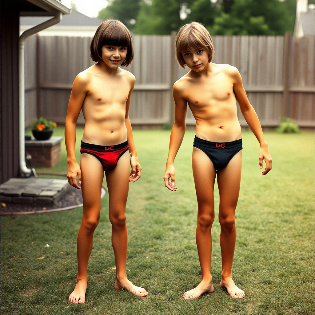 two tall 14yo teen boys, long hair bob cut, wearing very tight briefs, long legs, narrow thighs, full-length front view. 1970s. Playing at backyard.
photorealistic, ultra high resolution, 16K,
Negative: grainy, blurry, bad anatomy, extra limbs, watermark.