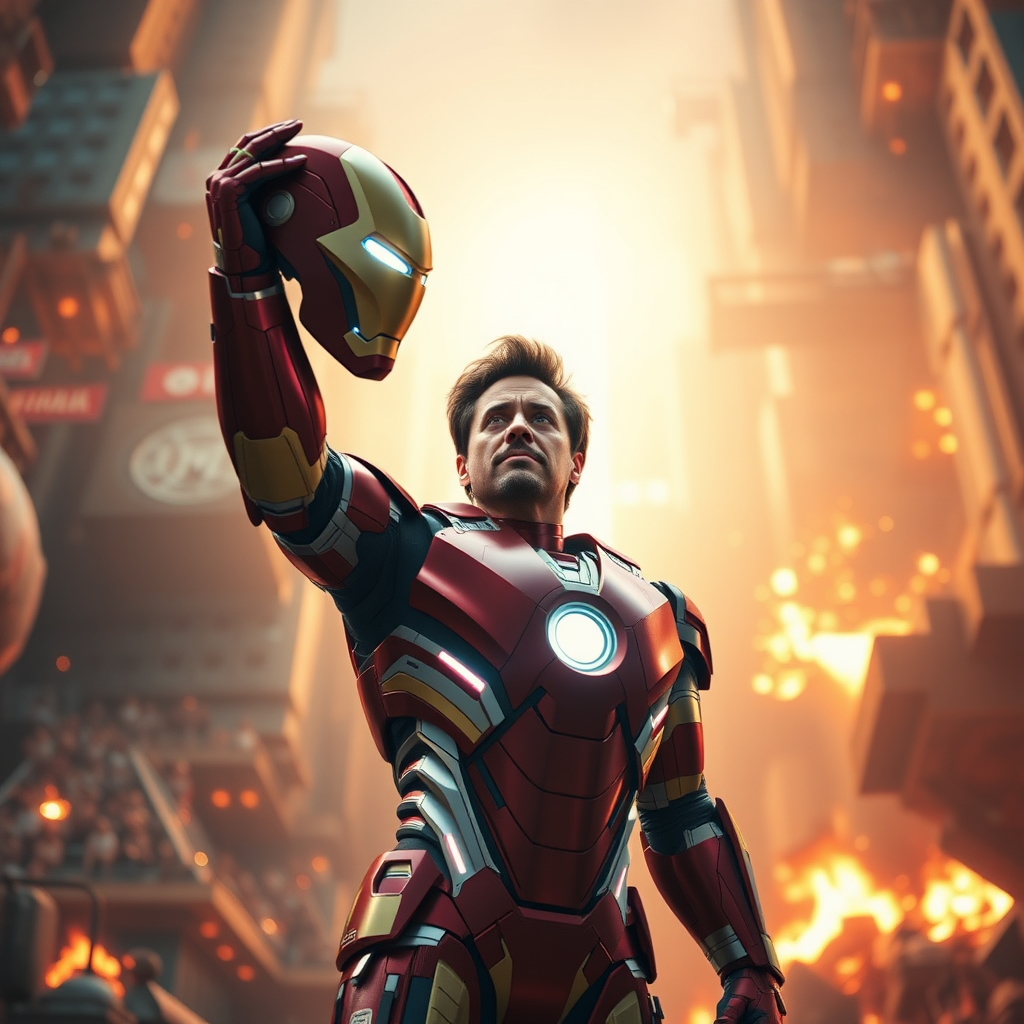 An epic, cinematic scene of tonystark standing heroically, in iron man suit, wearing iron man glowes, helmet held aloft, camera angle: sweeping bird's eye view, with vibrant colors and sharp contrasts to make him stand out.